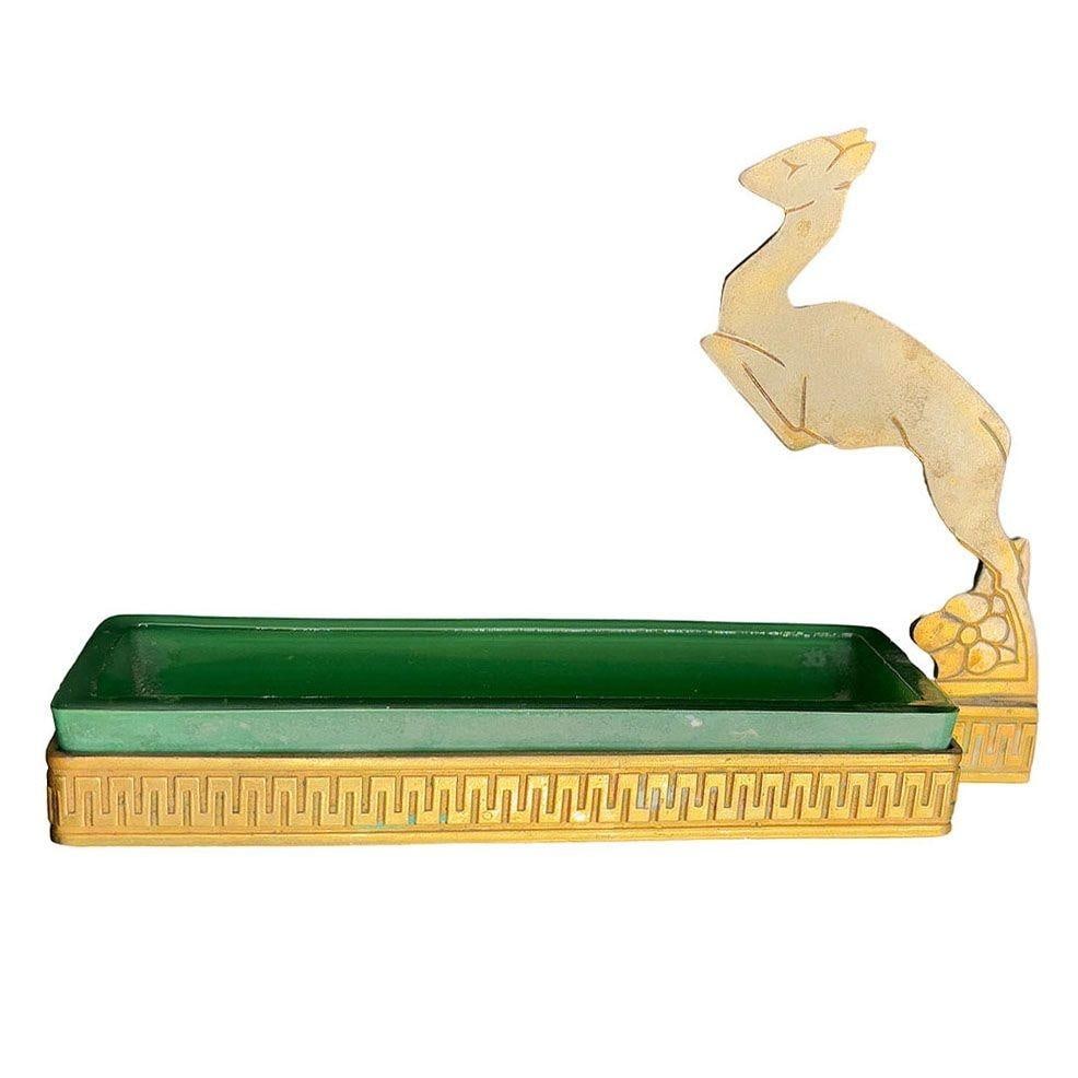 Art Deco Brass & Green Glass Leaping Gazelle Ring Tray - 4