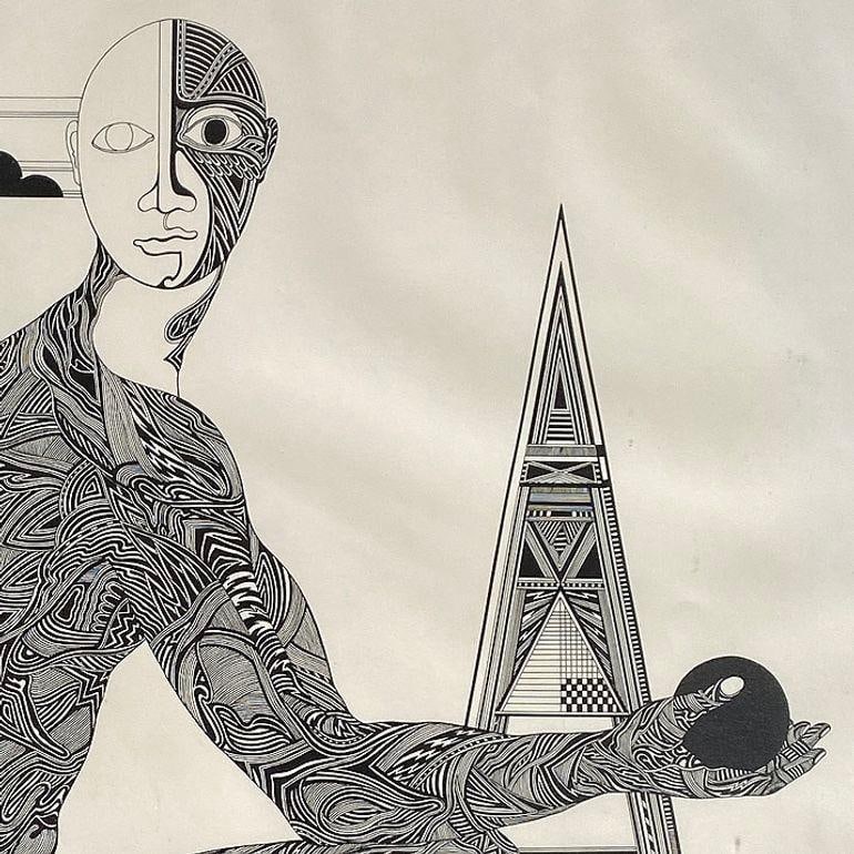 Hand Inked on Paper Surrealist Male Portrait Drawing Signed Ken Kreel 1989 - 4