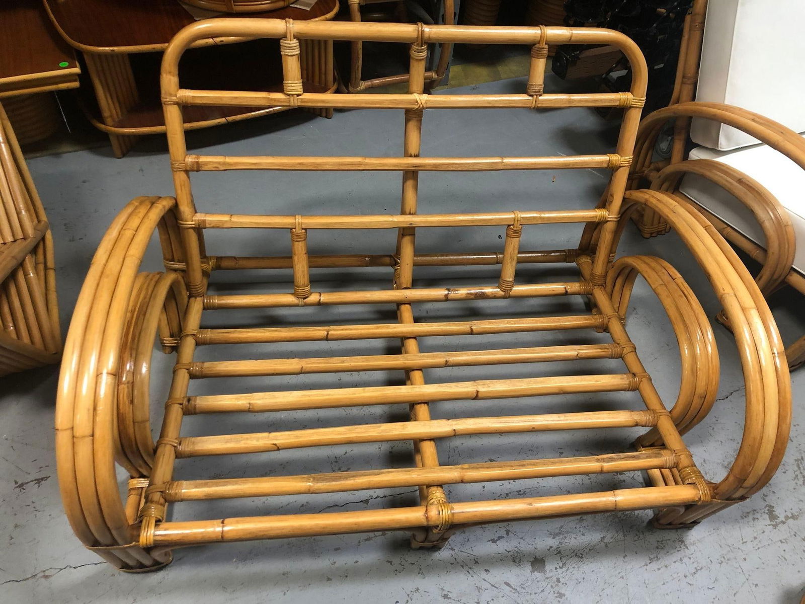 Restored Rattan Double Horseshoe Settee - Pair - 5