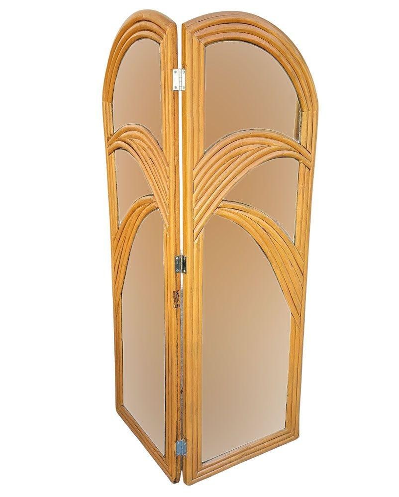 Restored Art Deco Palm Frond Design Rattan Mirror Folding Screen - 16