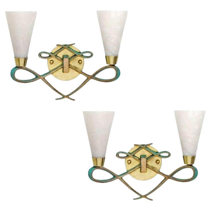 High Style Bronze Sconce with Alabaster Shades, Pair - 2