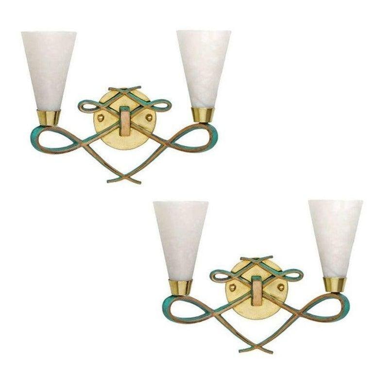 High Style Bronze Sconce with Alabaster Shades, Pair - 6