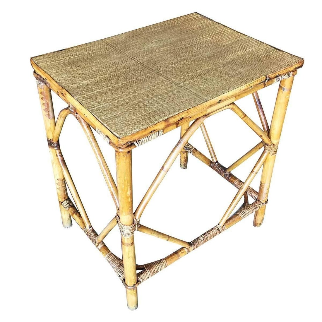 Restored Art deco Blond Rattan Side Table W/ Rice Mat Top - 5