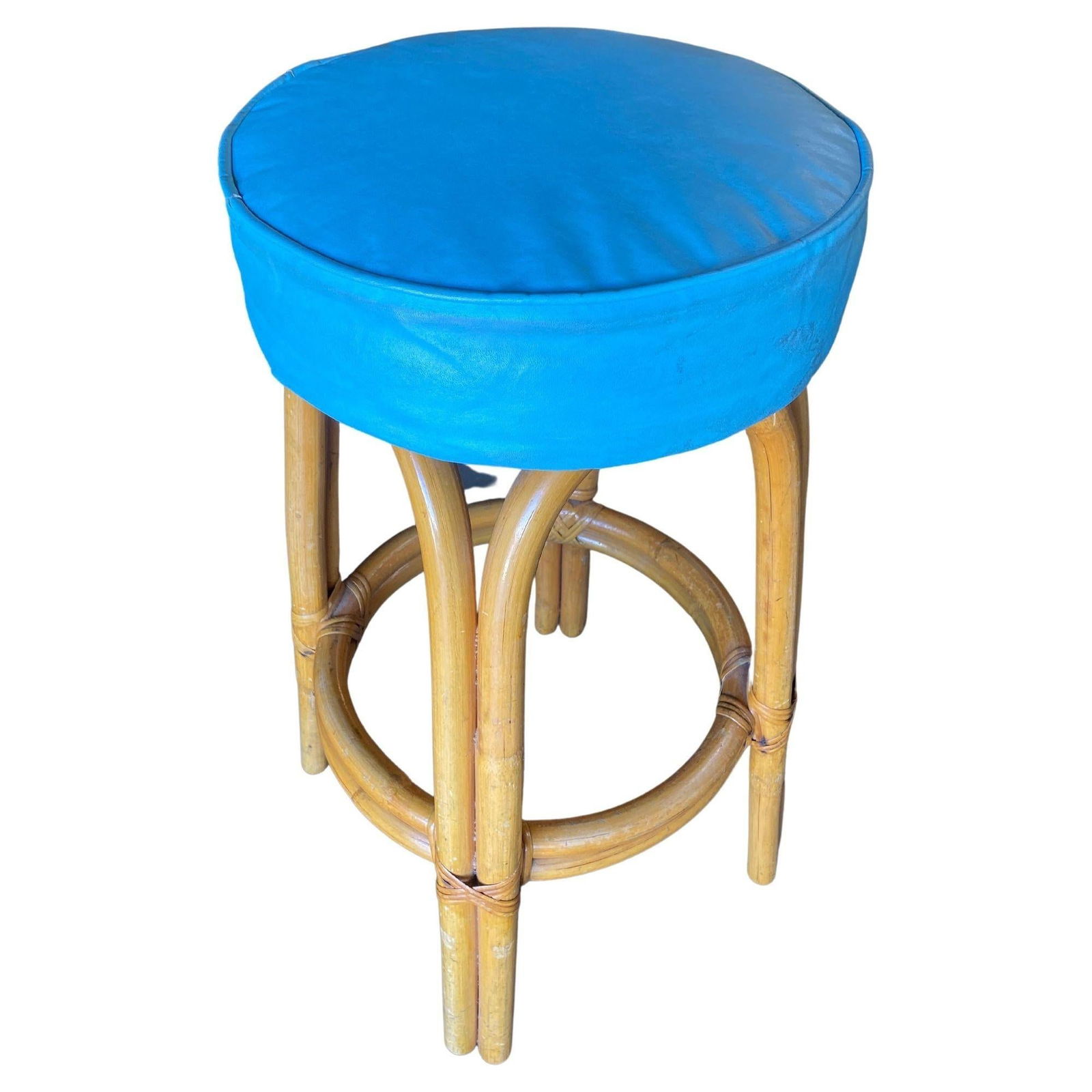 Restored Single Stand Arched Rattan Bar Stool w/ Teal Green Seat, Set of Four - 16