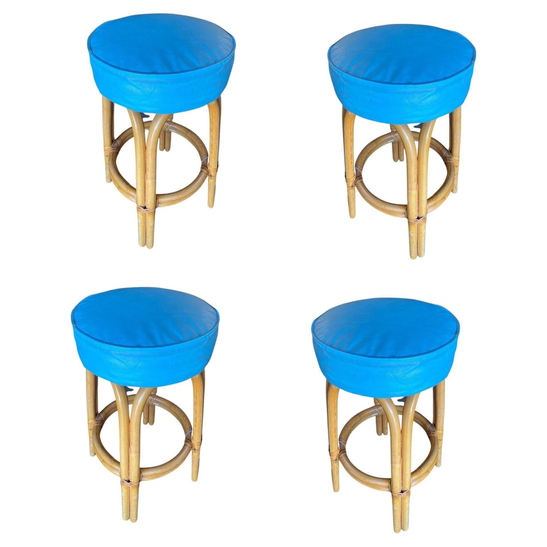 Restored Single Stand Arched Rattan Bar Stool w/ Teal Green Seat, Set of Four - 7