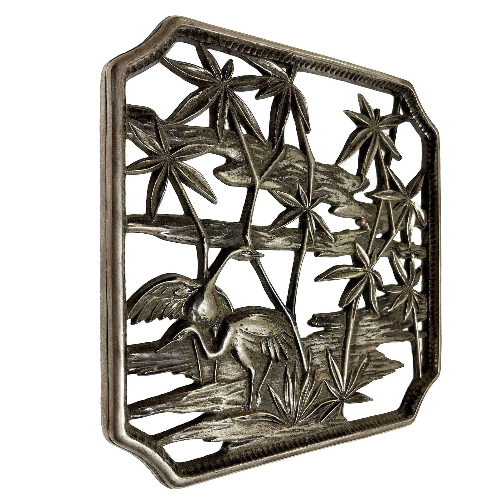 Mid-century Tropical Cranes in Water Scene Metal Wall Scupture by Syroco - 15