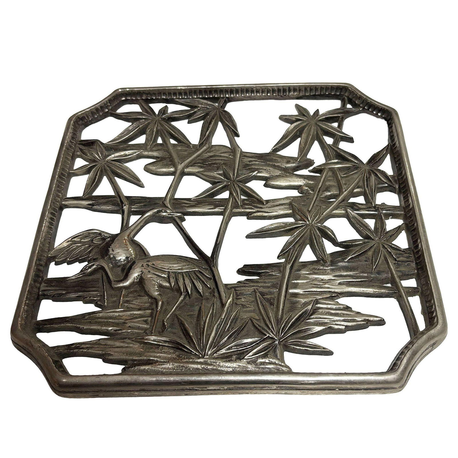 Mid-century Tropical Cranes in Water Scene Metal Wall Scupture by Syroco - 2