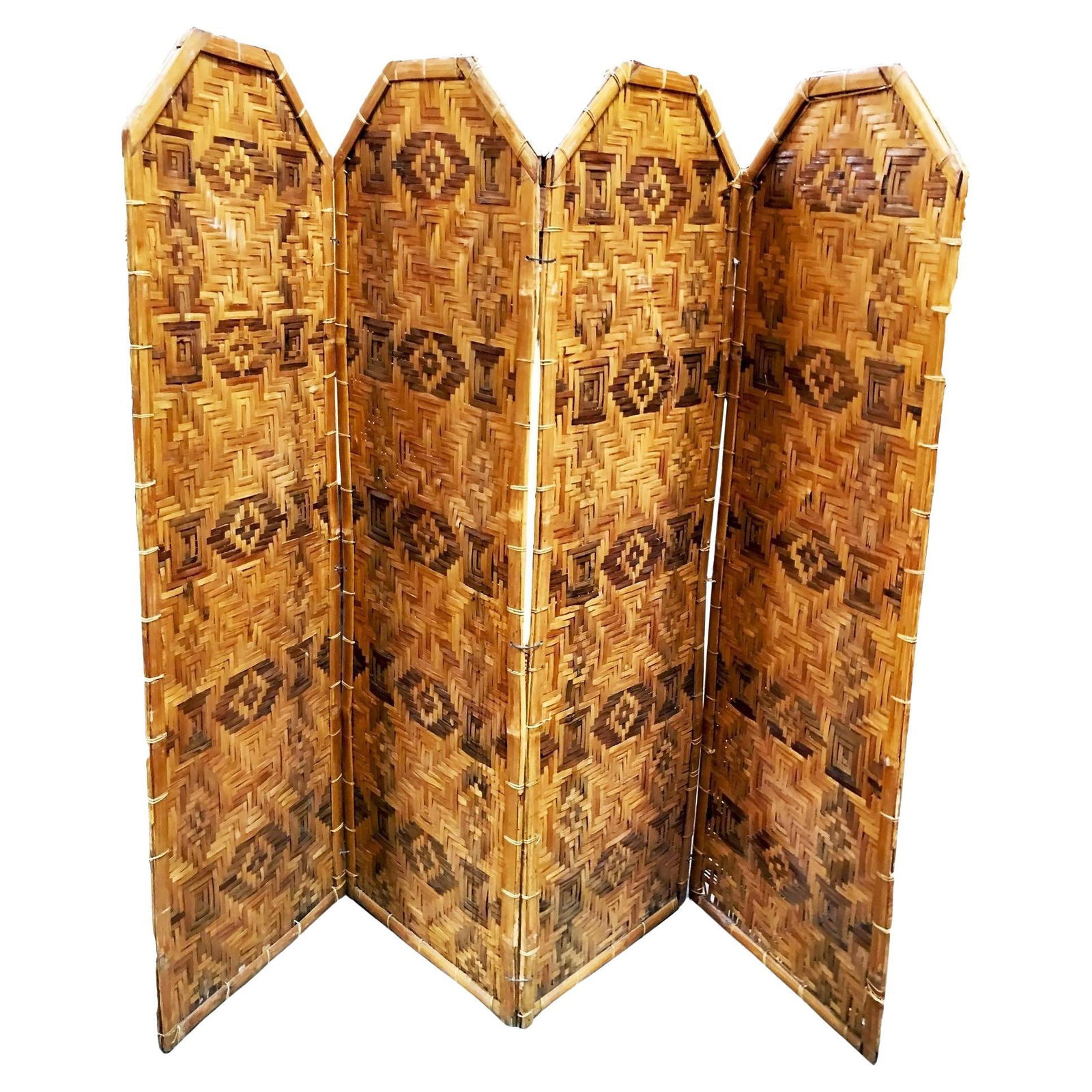 Restored Bamboo & Woven Wicker 4 Panel Folding Screen , 1920: Title: Restored Bamboo & Woven Wicker 4 Panel Folding Screen , 1920 Description: 1920, Woven Wicker, Multi-Colored Diamond Pattern Early bamboo and woven wicker folding room divider screen with 4 pane