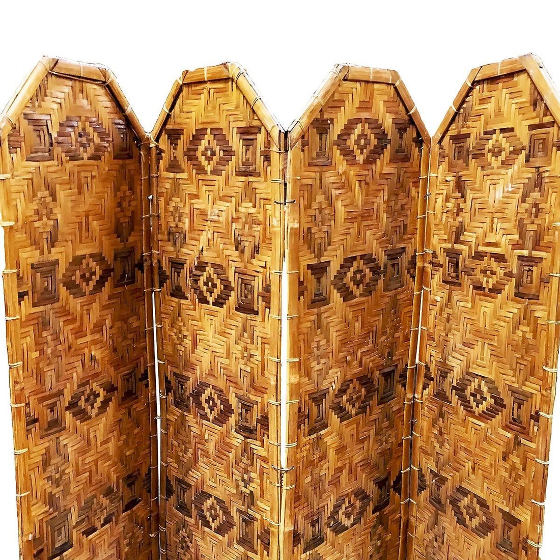 Restored Bamboo & Woven Wicker 4 Panel Folding Screen , 1920 - 3