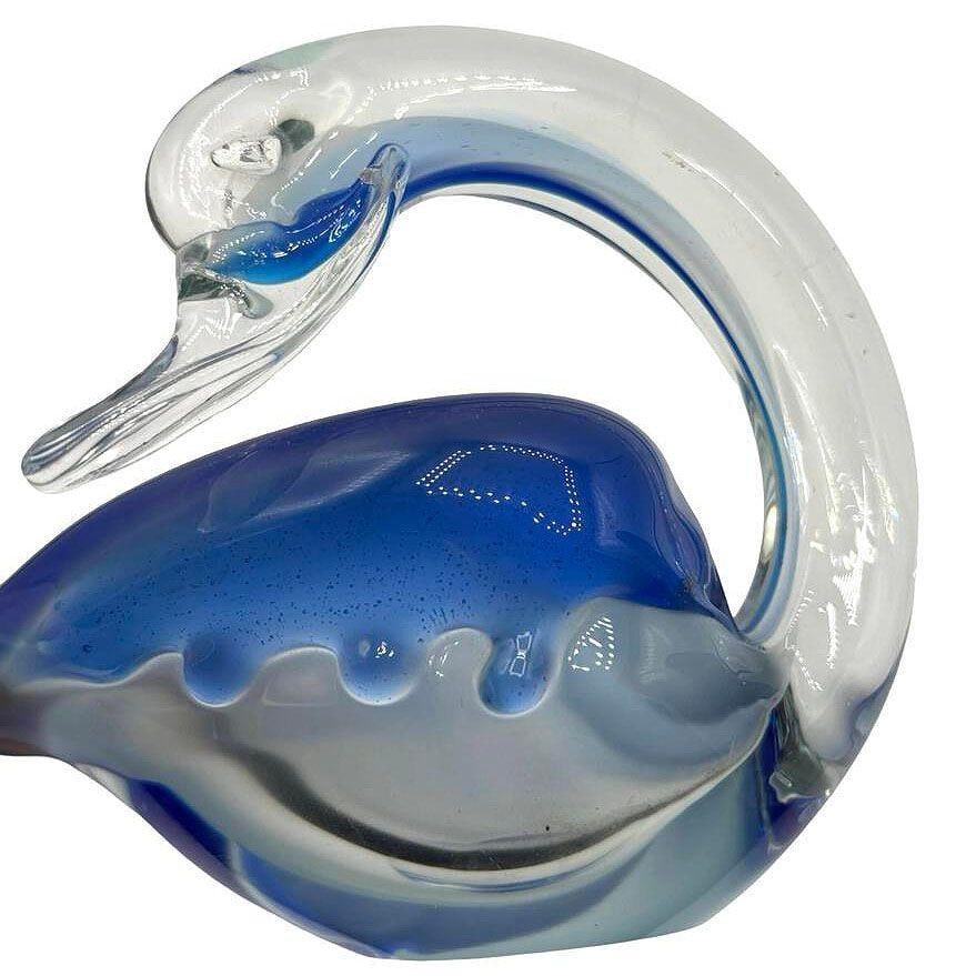 Hand Blown Blue & Transparent Murano Art Glass Swan Ring Tray - 12