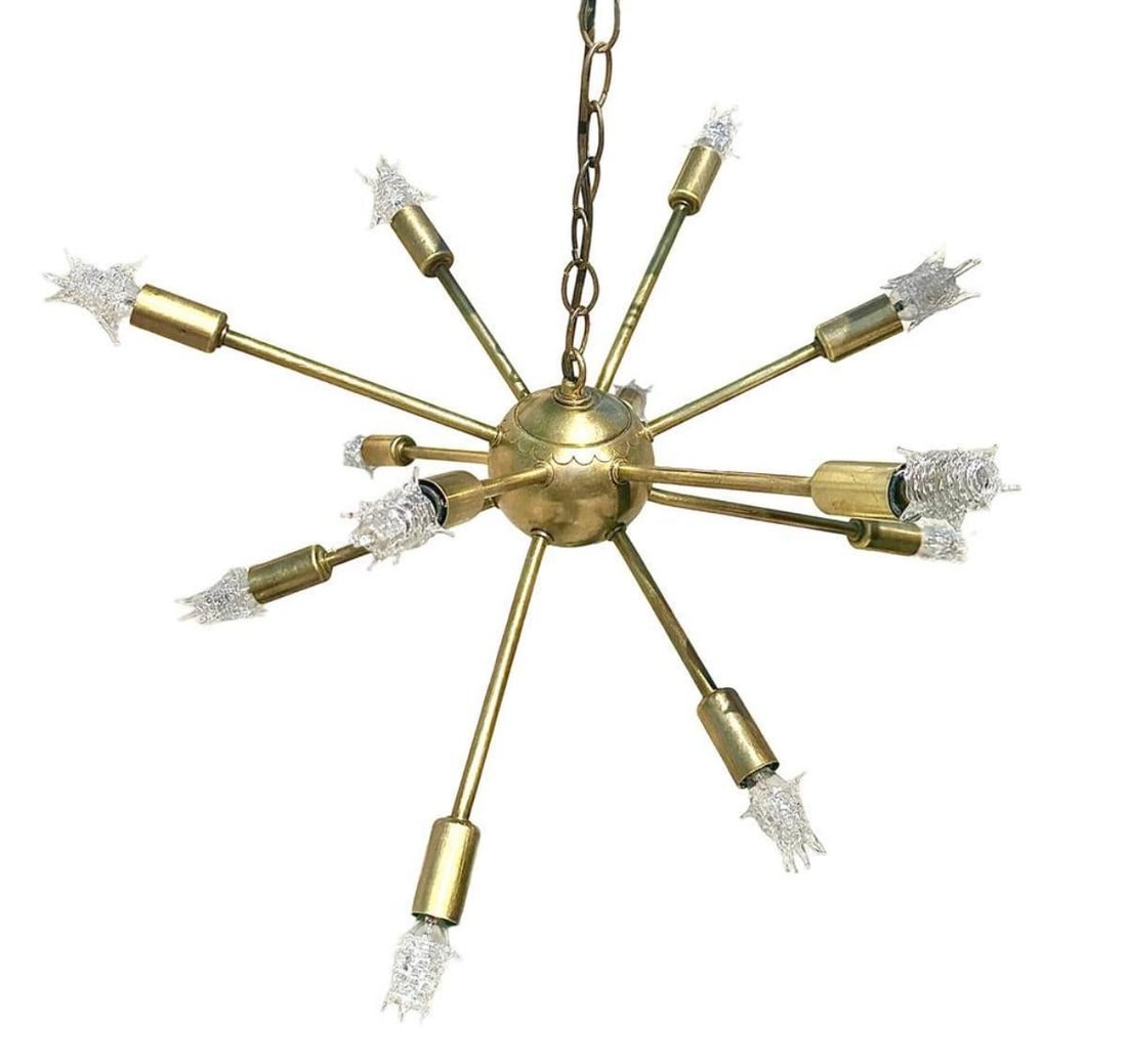 Mid-Century Brass Sputnik Chandelier w/ Starburst Bulbs - 18