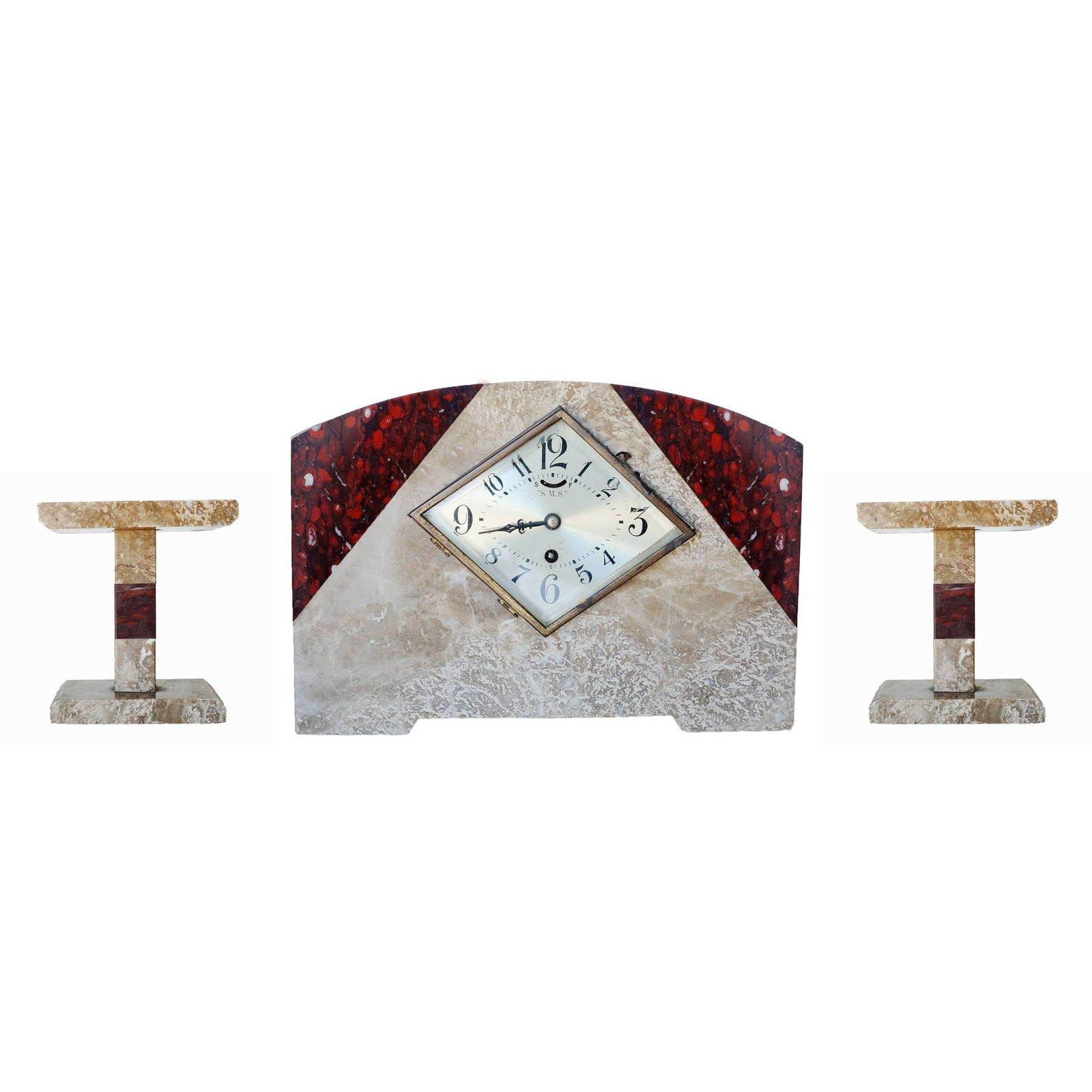 French Two-tone Marble Art Deco Mantel Clock Set With Matching Garniture - 16