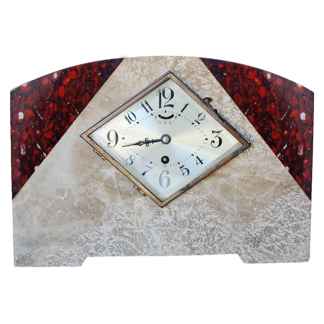 French Two-tone Marble Art Deco Mantel Clock Set With Matching Garniture - 18