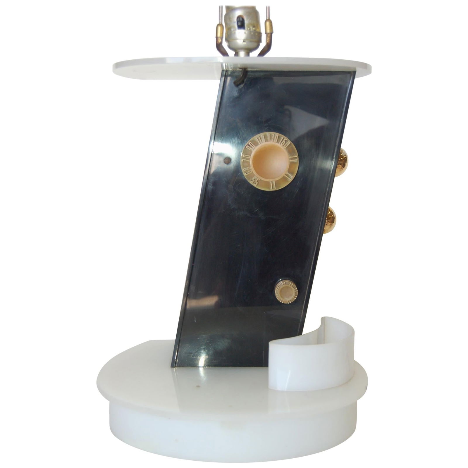 Rare Midcentury Lucite Radio Table Lamp by Moss Lighting: Title: Rare Midcentury Lucite Radio Table Lamp by Moss Lighting Description: Rare midcentury Moss radio table lamp in black and white Lucite with gold glazed ceramic dots as accents. Designed By