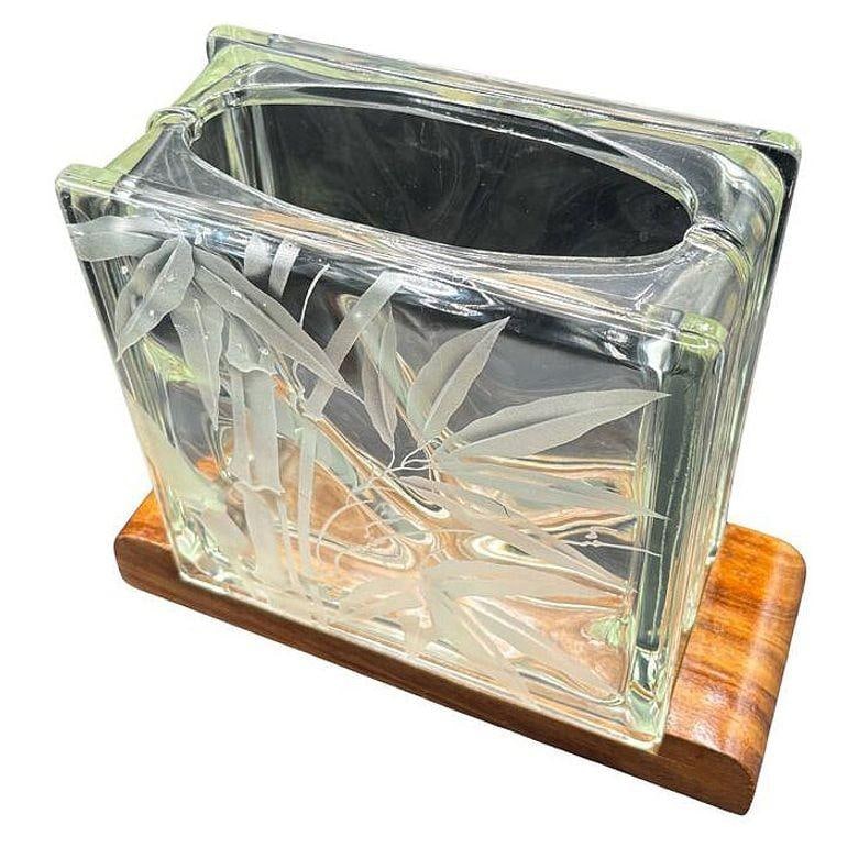 Mid-century Hawaiian Acid Etched Bamboo Glass Block Vase w/ Monkey Pod Wood Base - 10