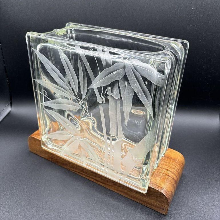 Mid-century Hawaiian Acid Etched Bamboo Glass Block Vase w/ Monkey Pod Wood Base - 5