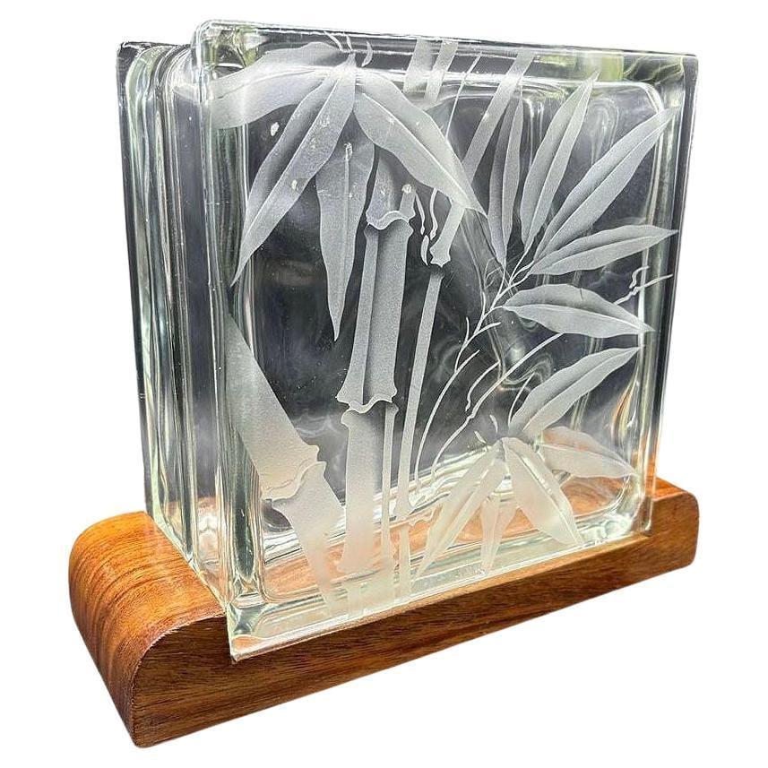 Mid-century Hawaiian Acid Etched Bamboo Glass Block Vase w/ Monkey Pod Wood Base - 7