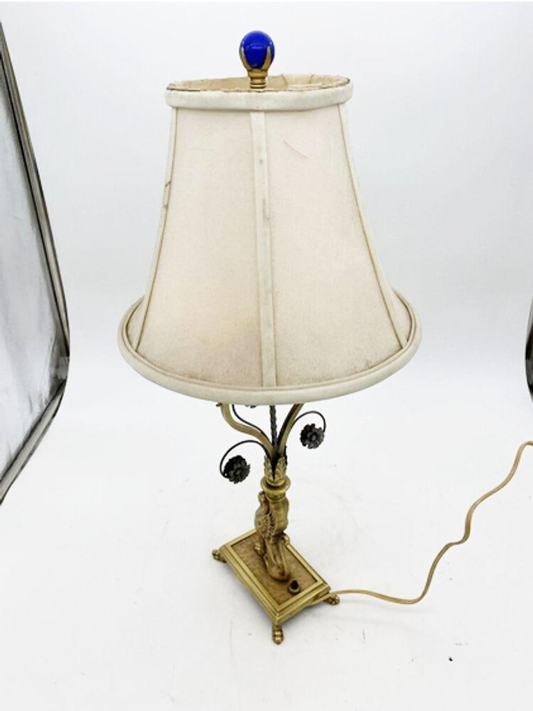 Hollywood Regency Brass Scrolling Griffin Table Lamp w/ Lamp Shade - 13