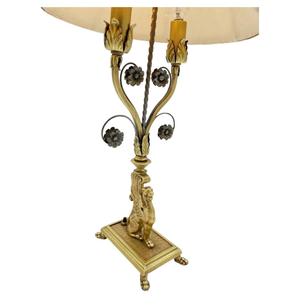 Hollywood Regency Brass Scrolling Griffin Table Lamp w/ Lamp Shade - 15