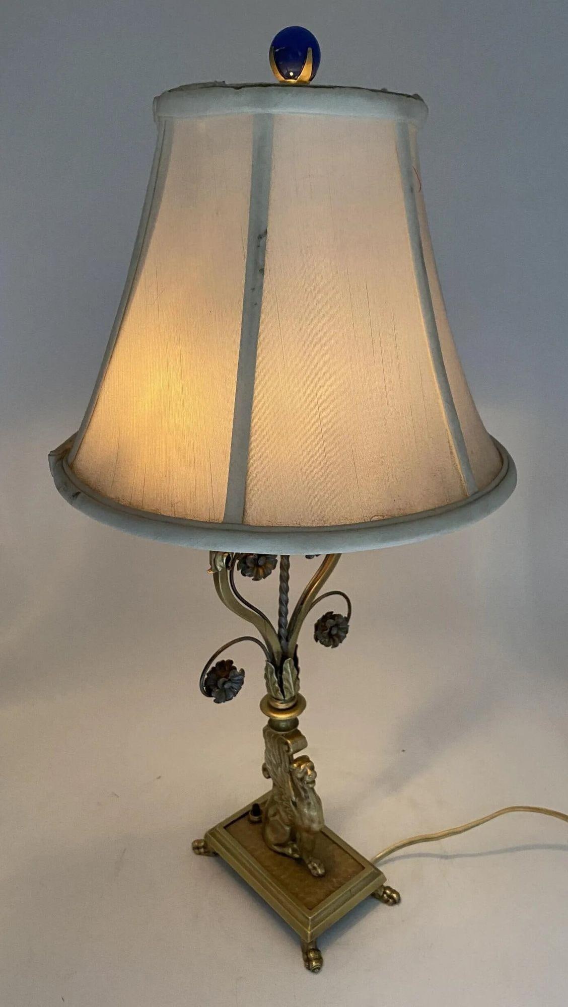 Hollywood Regency Brass Scrolling Griffin Table Lamp w/ Lamp Shade - 3