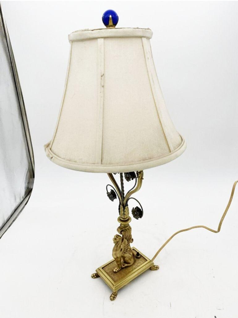 Hollywood Regency Brass Scrolling Griffin Table Lamp w/ Lamp Shade - 4