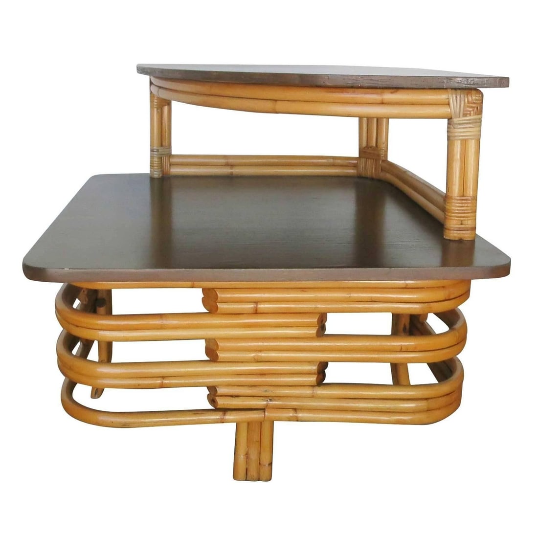 Restored Stacked Rattan & Mahogany Corner Side Side Table - 17