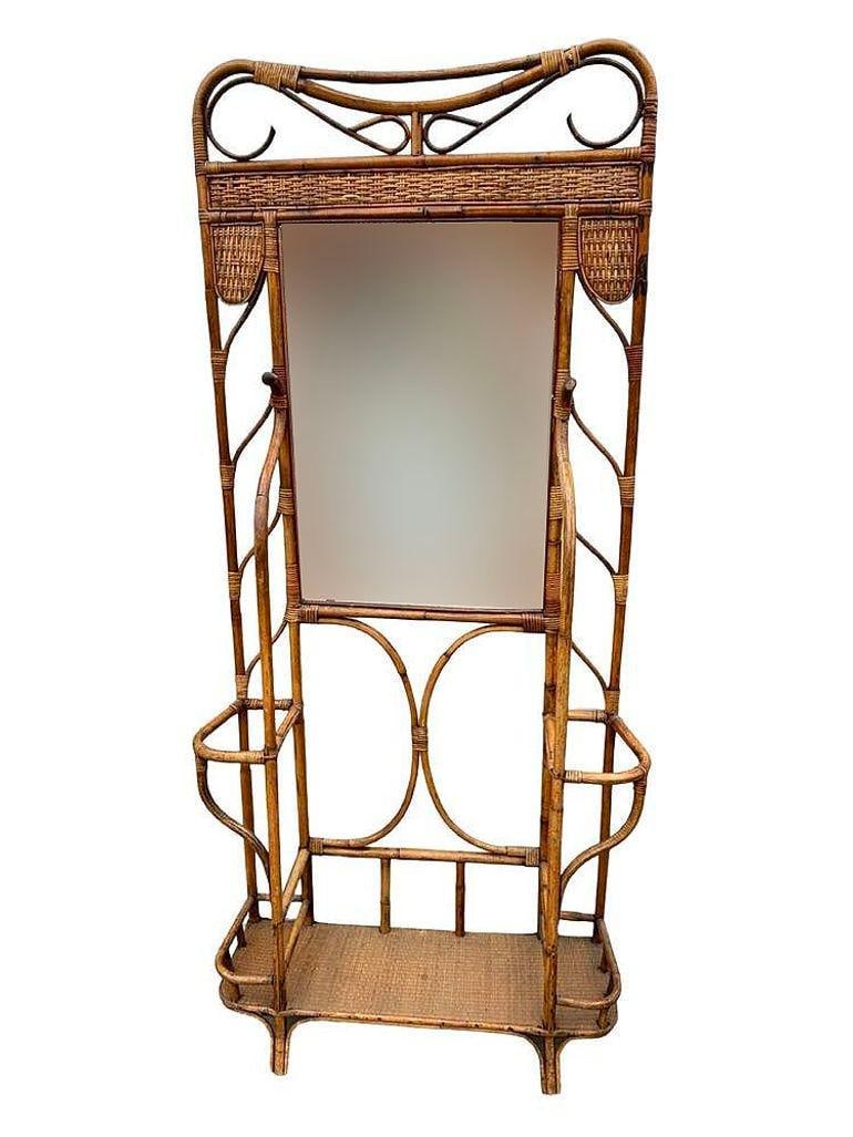 Restored Aesthetic Movement Bamboo& Grassmat Hall Tree W Mirror & Umbrella Stand - 17