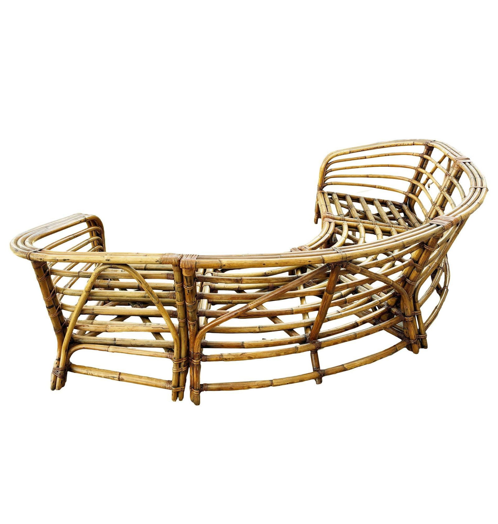 Restored Rattan Round Sectional Sofa w/ 3-Strand Waterfall Arms - 16