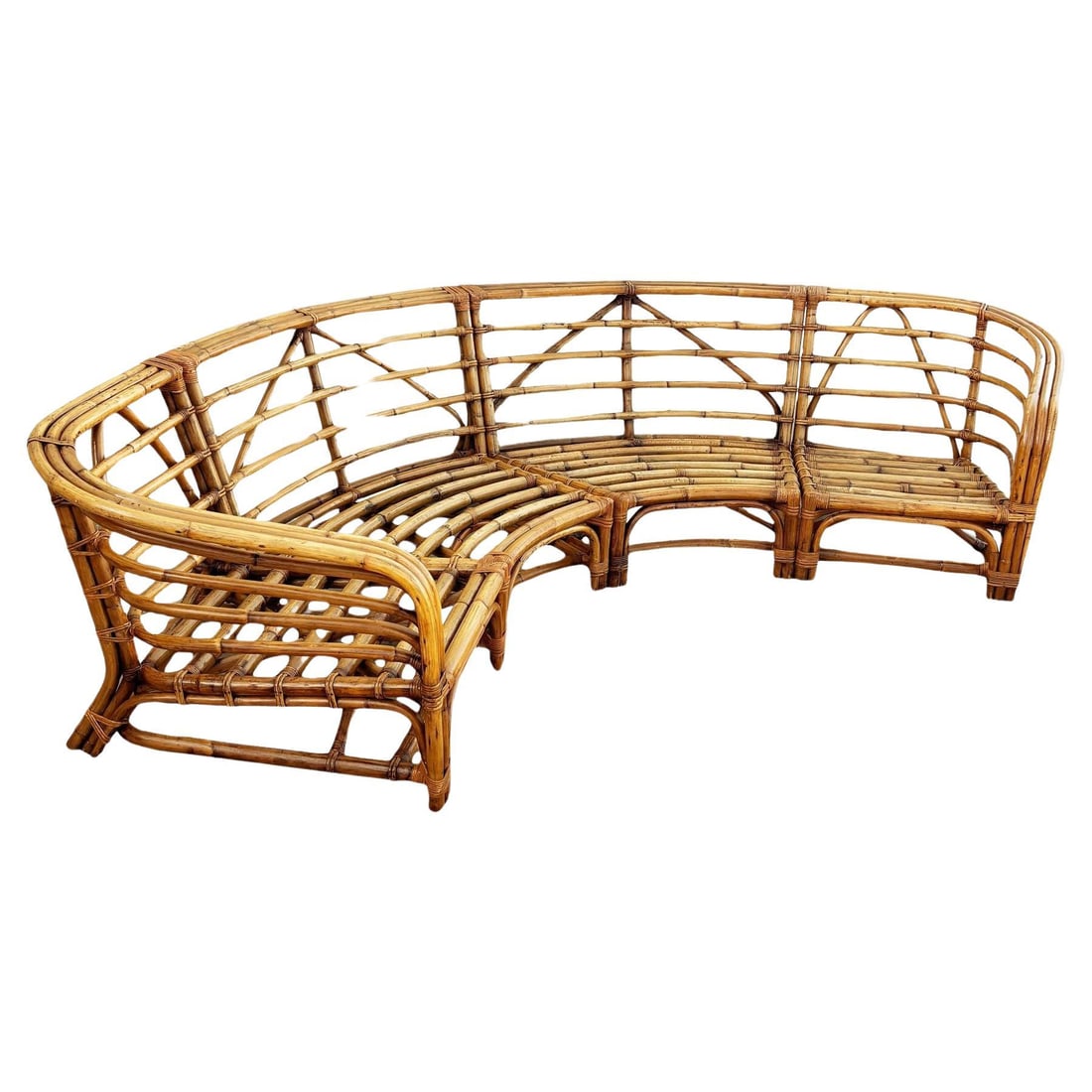 Restored Rattan Round Sectional Sofa w/ 3-Strand Waterfall Arms (1 of 20)