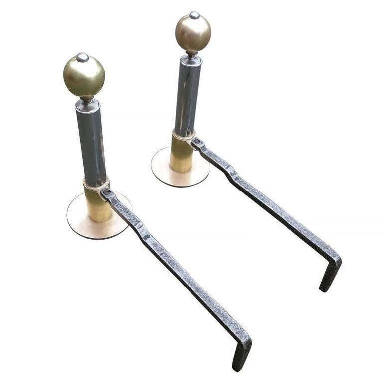 Art Deco Chrome and Brass Geometric Andirons Attributed to Donald Deskey - 5