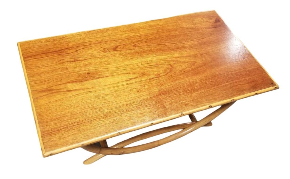 Restored Mid-century Rattan Coffee Table w/ Arched Legs & Mahogany Top - 5