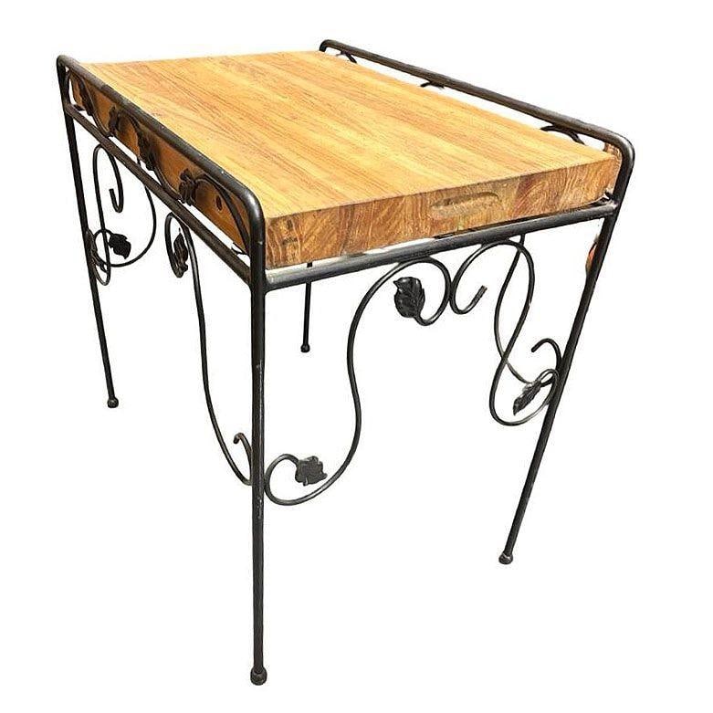Wrought Iron Scrolling Ivy Wire Patio Wire Side Table w/ Butcher Block Top - 11