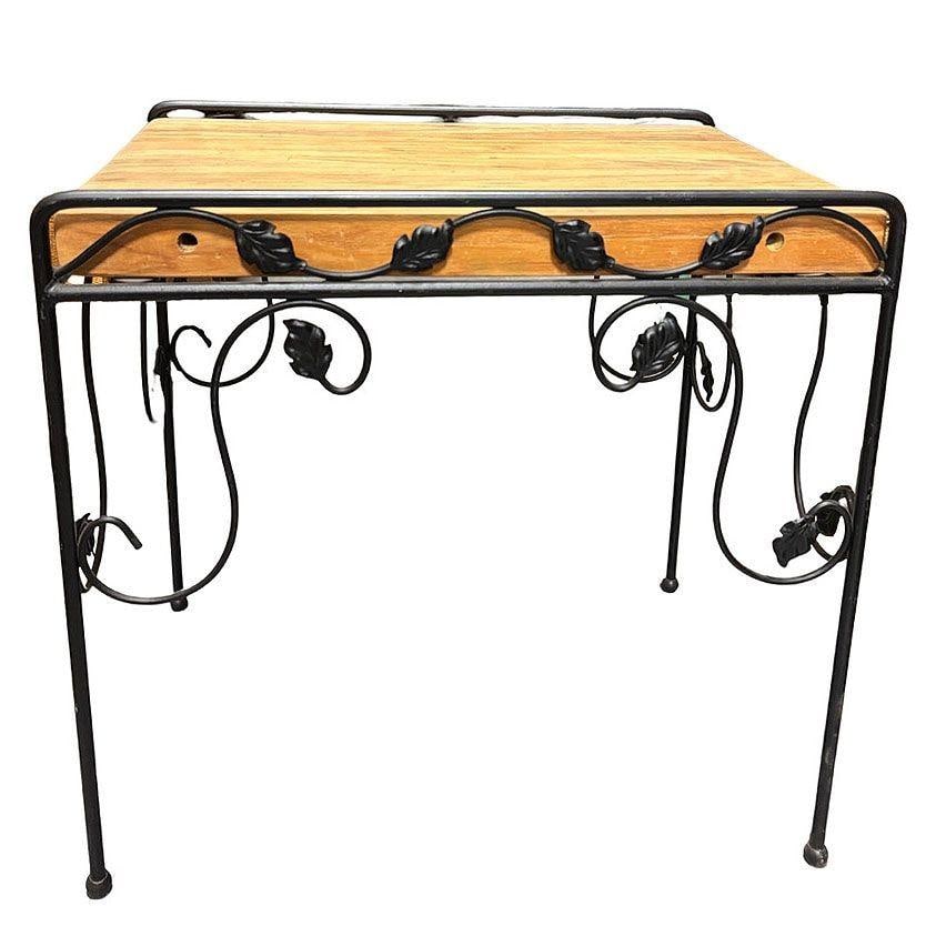 Wrought Iron Scrolling Ivy Wire Patio Wire Side Table w/ Butcher Block Top - 18