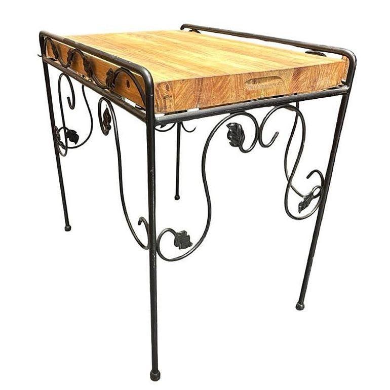 Wrought Iron Scrolling Ivy Wire Patio Wire Side Table w/ Butcher Block Top - 3