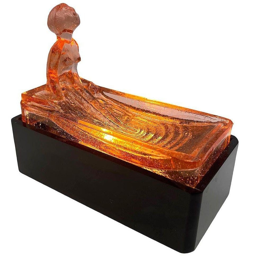 Art Deco H. Hoffman Style Peach Art Glass Table Lamp by Sarsaparilla: Title: Art Deco H. Hoffman Style Peach Art Glass Table Lamp by Sarsaparilla Description: 1970 re-edition of the 1927 Art Deco Heinrich Hoffman art glass soap dish/ring tray in Peach by Sarsaparilla