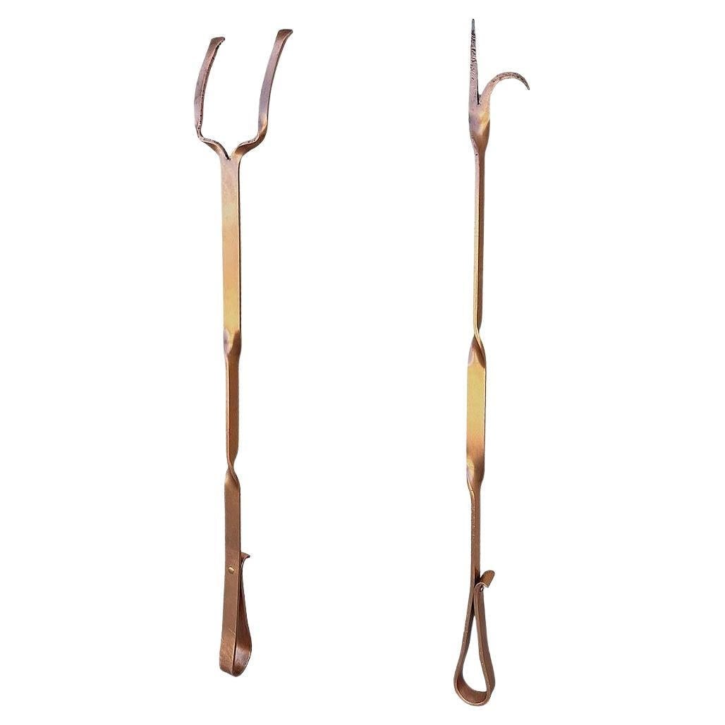 Solid Copper Art Deco Fireplace Poker and Tongs Tools - 7