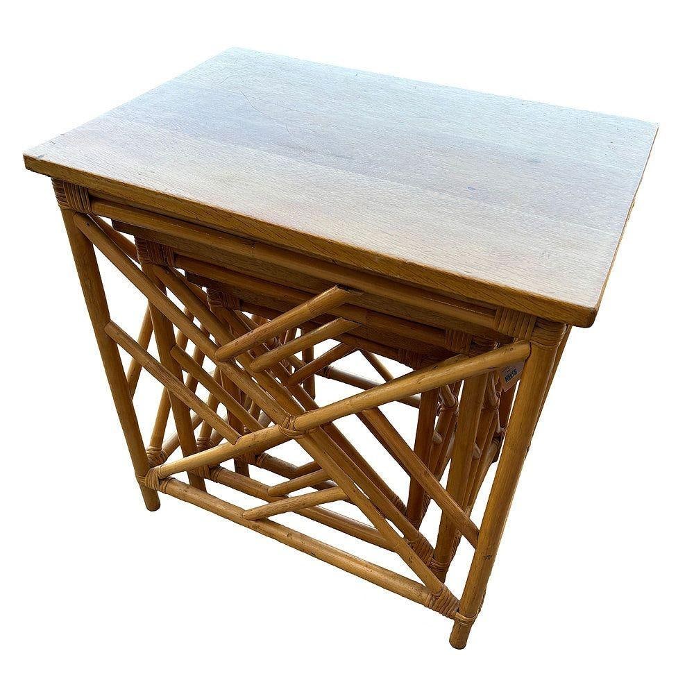 Restored Mid-Century Set of 3 Rattan Nesting Side Tables w/ Mahogany Top - 12