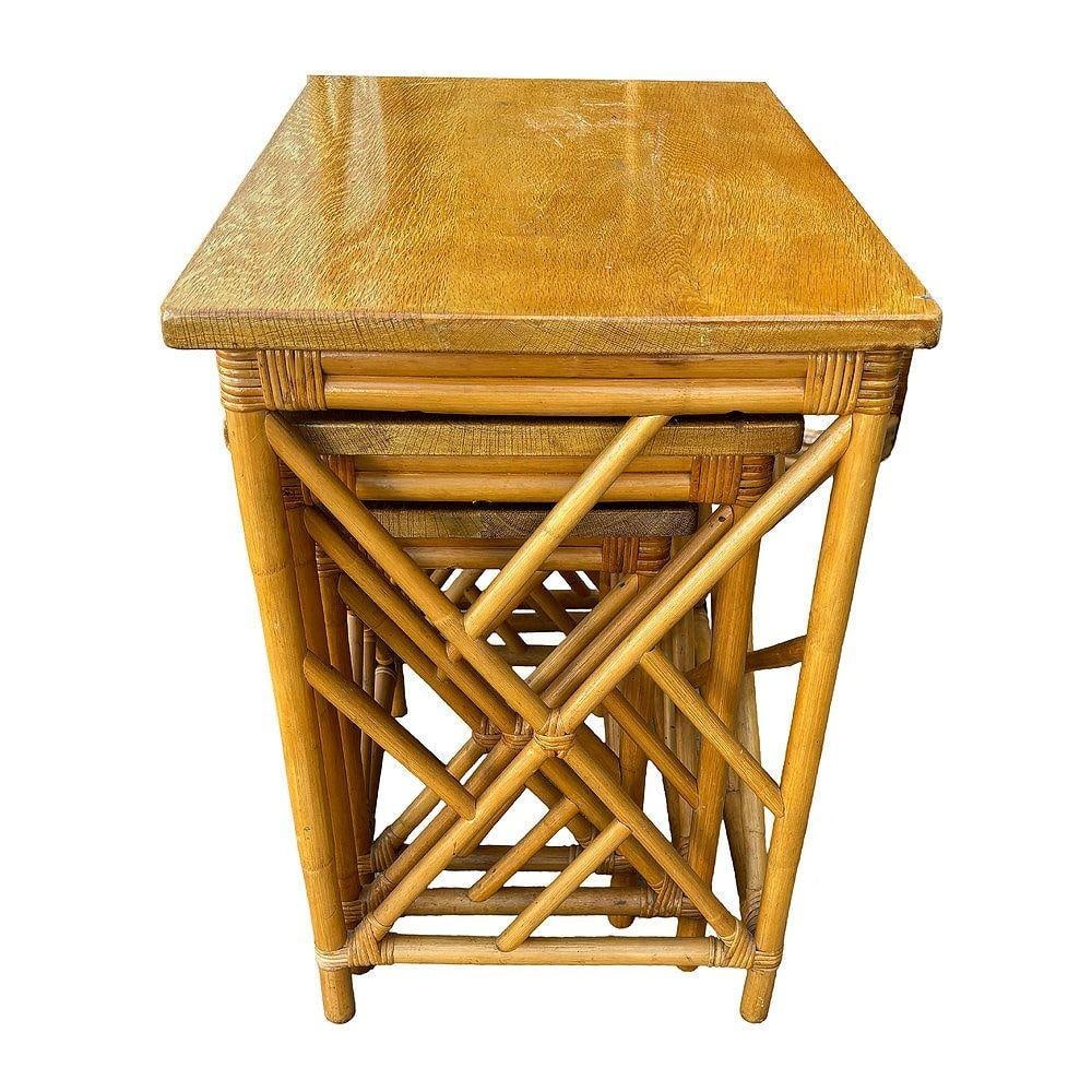 Restored Mid-Century Set of 3 Rattan Nesting Side Tables w/ Mahogany Top - 20