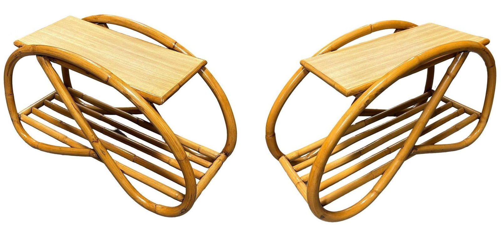 Restored Mid-century 3/4 Pretzel Rattan & Formica "Grasshopper" Side Table, Pair - 14