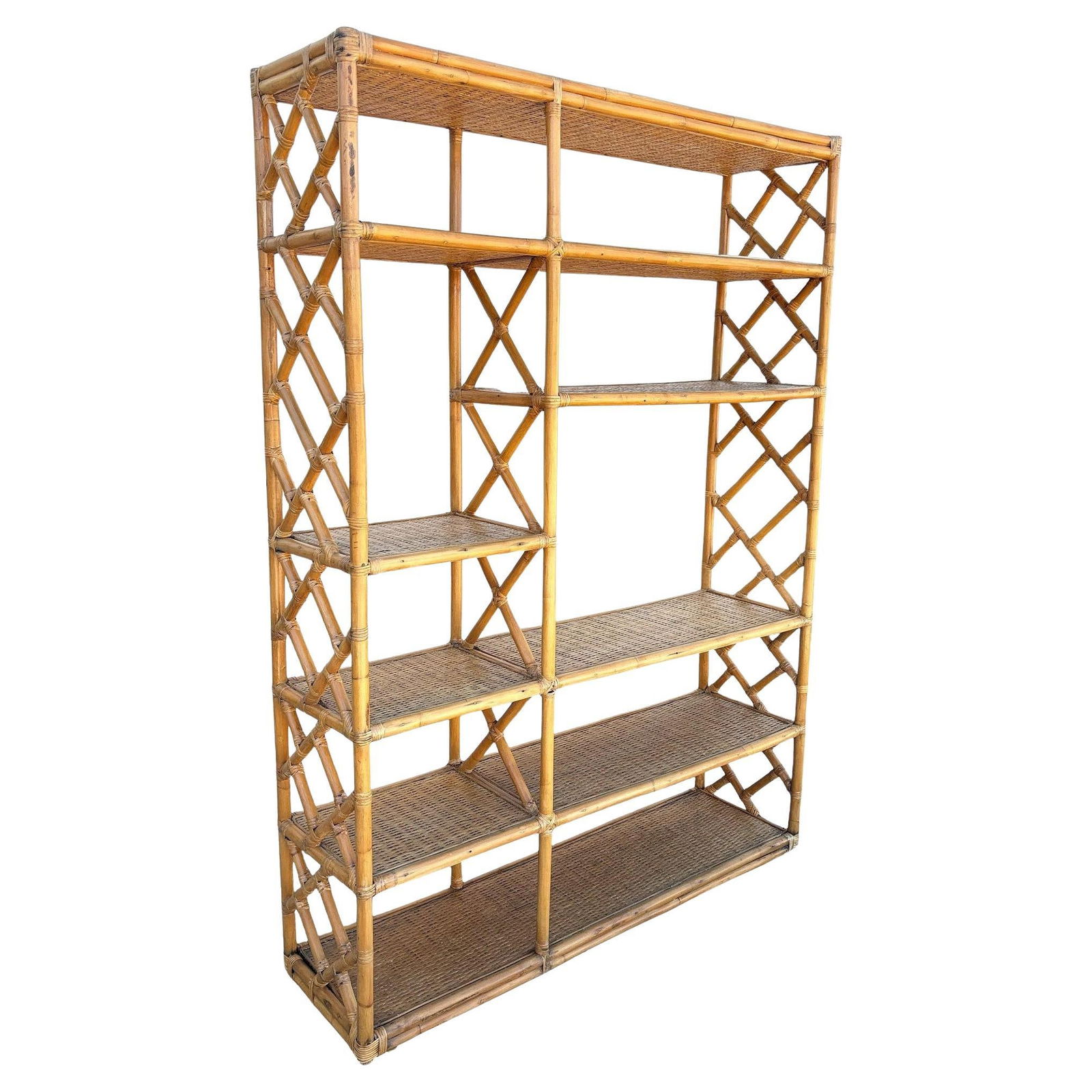 Restored Mid-century Rattan Ten-Tier Display Shelf Wall Etagere Unit w/ Cabinet: Title: Restored Mid-century Rattan Ten-Tier Display Shelf Wall Etagere Unit w/ Cabinet Description: Beautifully restored Ten-level rattan shelf room divider wall with woven wicker shelving. The unit