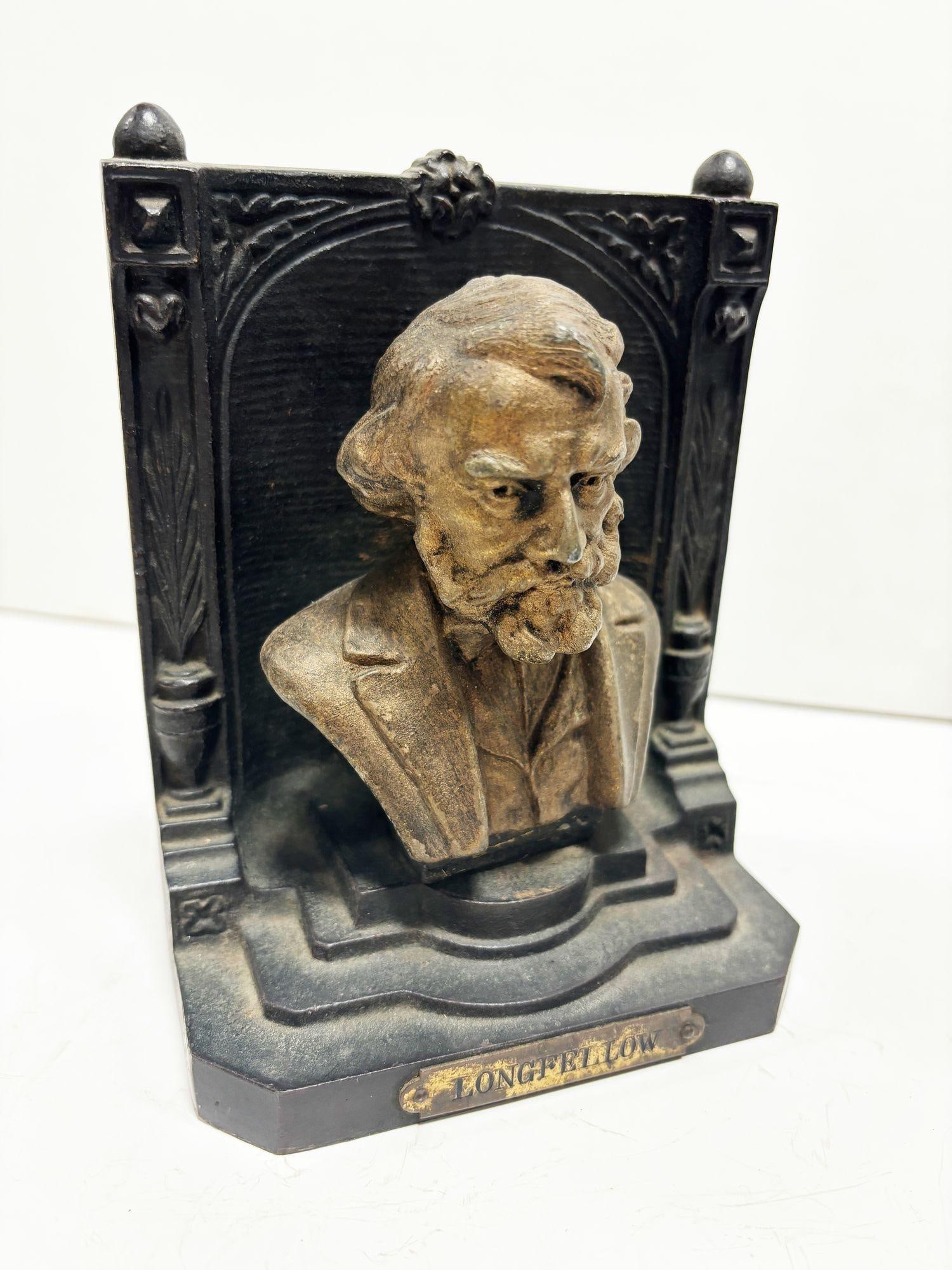 Solid Brass Bookends Bust Of Henry W. Longfellow by "B & H" Bradley and Hubbard - 8