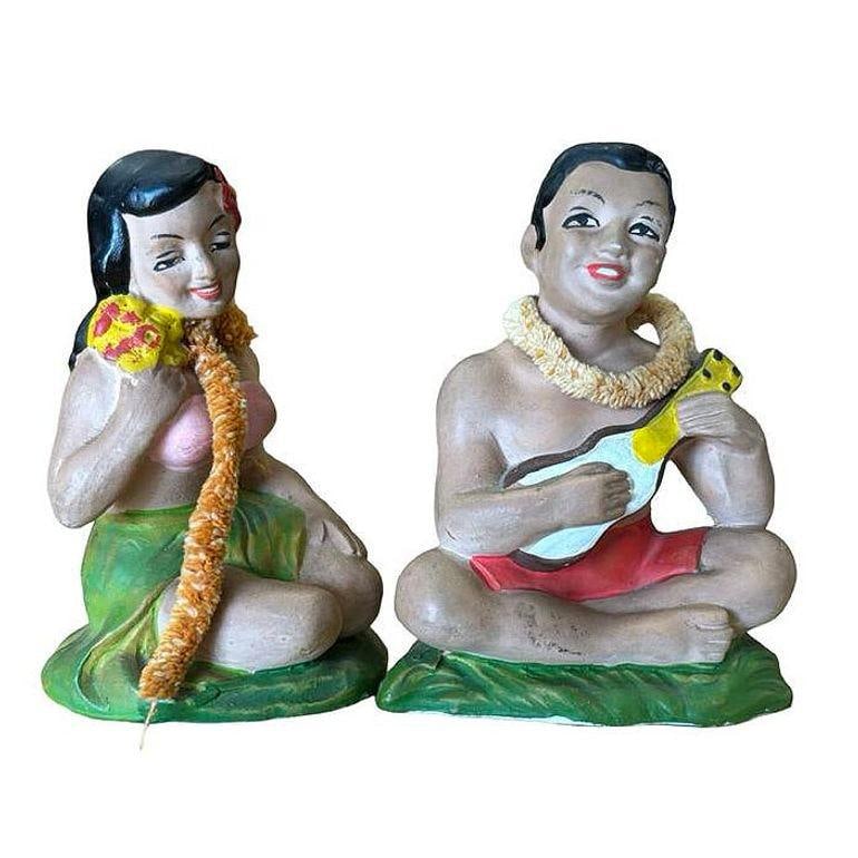 Pair of Hand Painted Ceramic Hula Girl & Ukele Boy Souvenir Figurines - 2