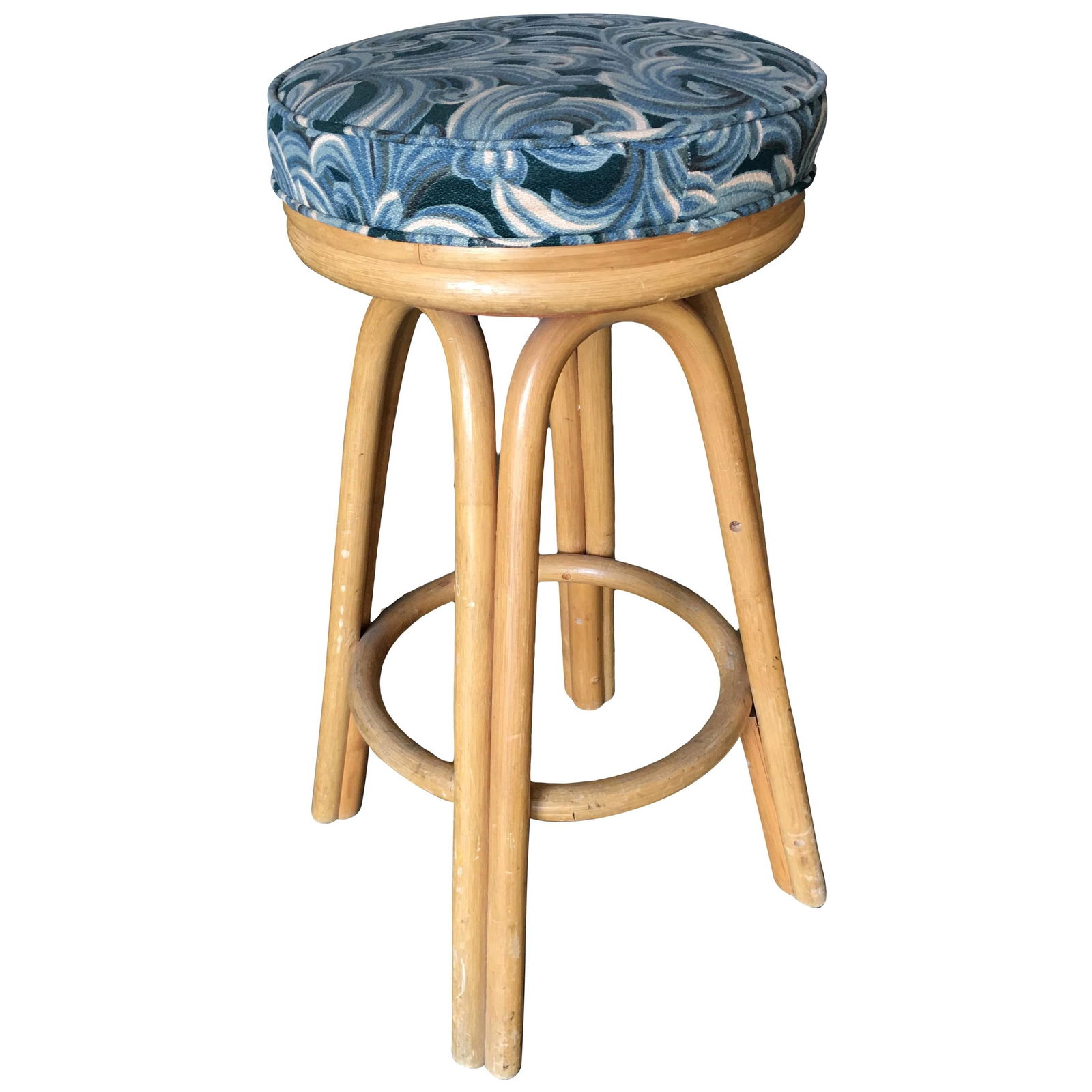 Restored Single Stand Arched Rattan Bar Stool: Title: Restored Single Stand Arched Rattan Bar Stool Description: Vintage 1950s single strand leg Rattan bar stool with padded seat. Custom cushions C.O.M. (Customer's Own Material) are included in th