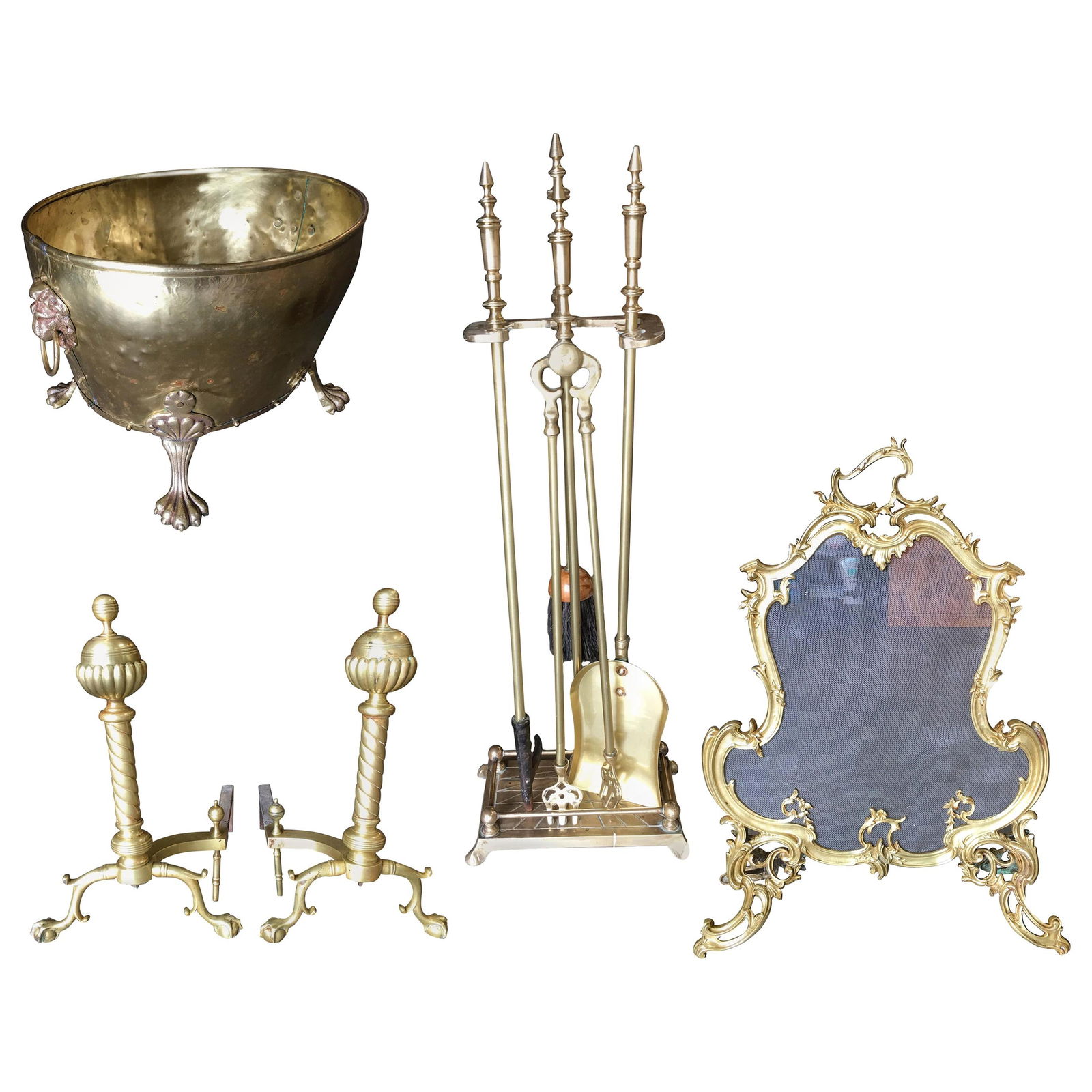 Art Nouveau Brass Fireplace Tool Set, Screen, Andiron, and Log Bucket Set - 7