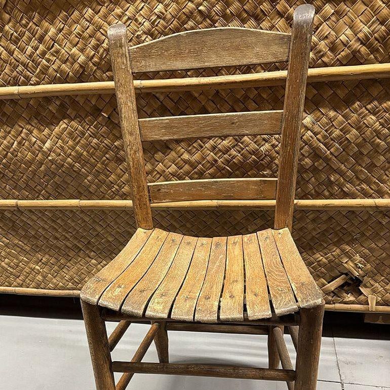 Antique Weathered Ladder Back Slat Seat Wooden Side Chair - 14