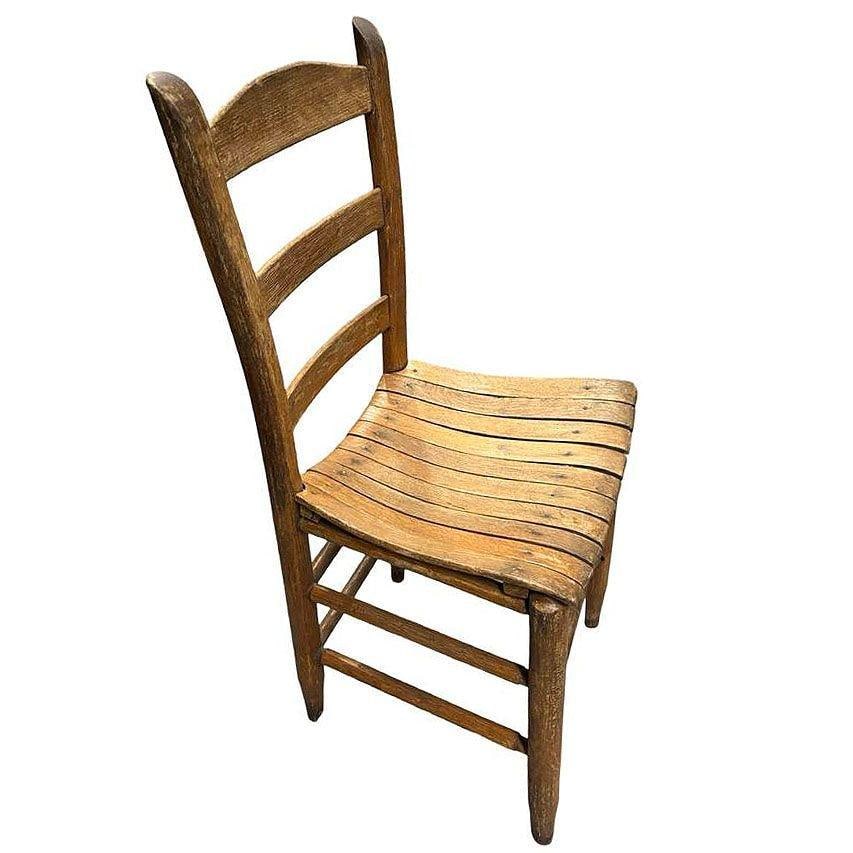 Antique Weathered Ladder Back Slat Seat Wooden Side Chair - 3