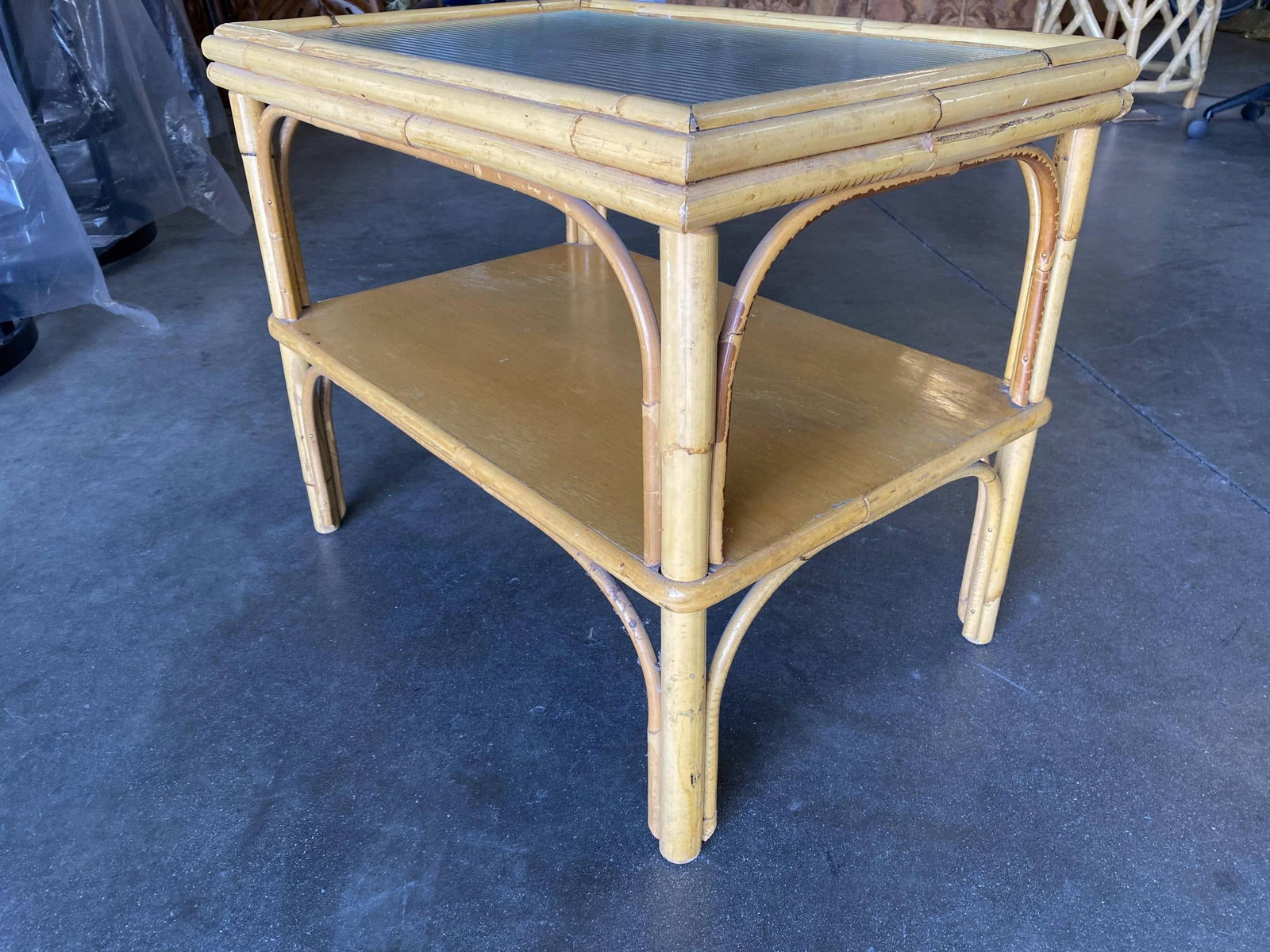 Restored Stick Rattan Two-Tier Coffee Table with Ribbed Glass Top - 12