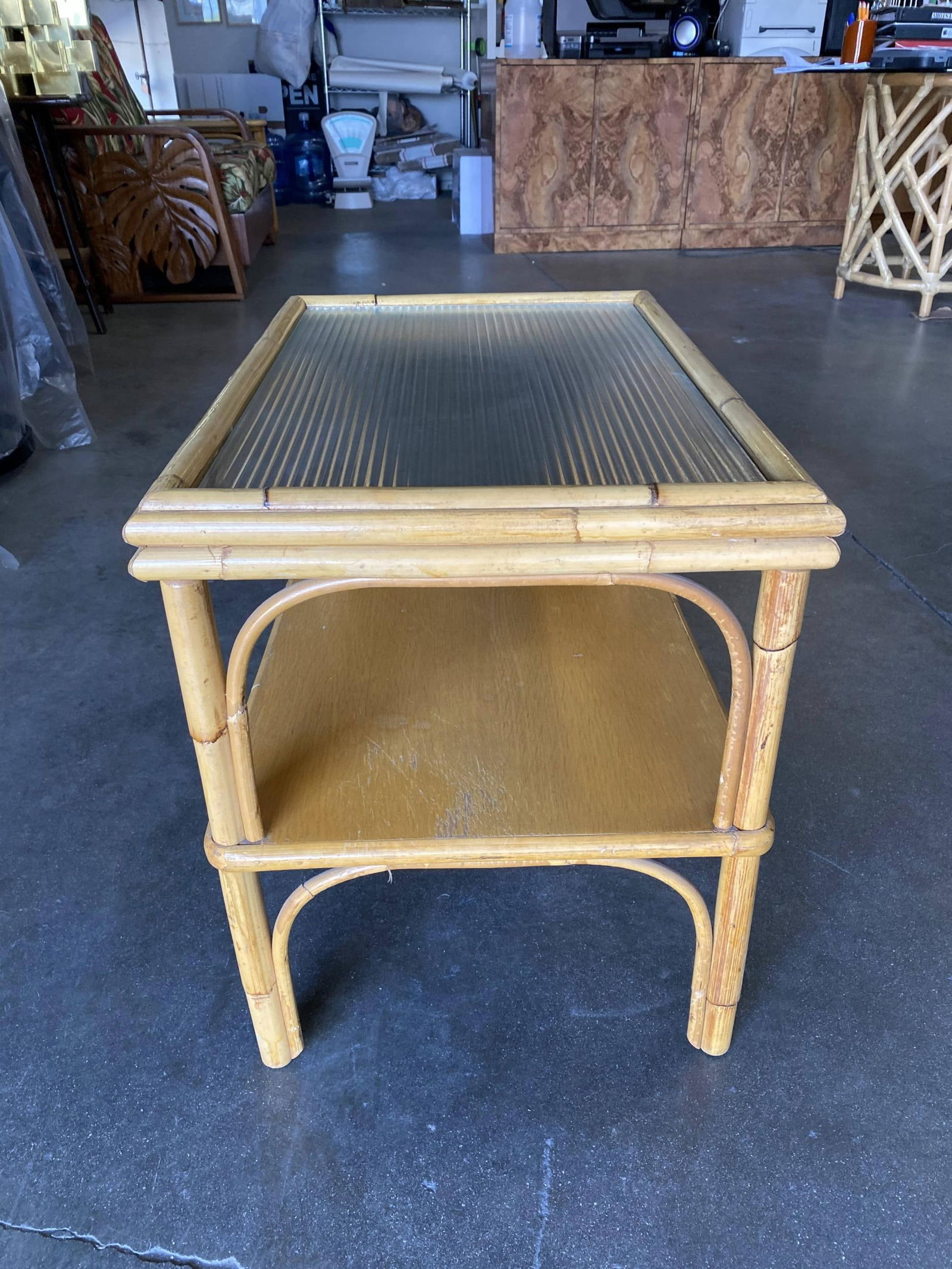 Restored Stick Rattan Two-Tier Coffee Table with Ribbed Glass Top - 14