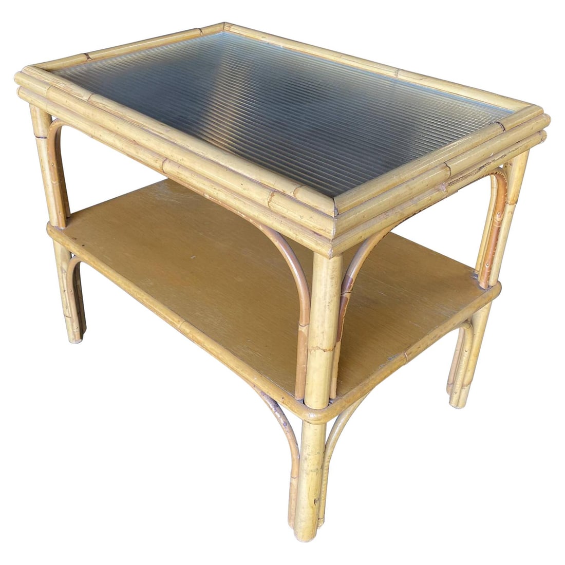 Restored Stick Rattan Two-Tier Coffee Table with Ribbed Glass Top - 15