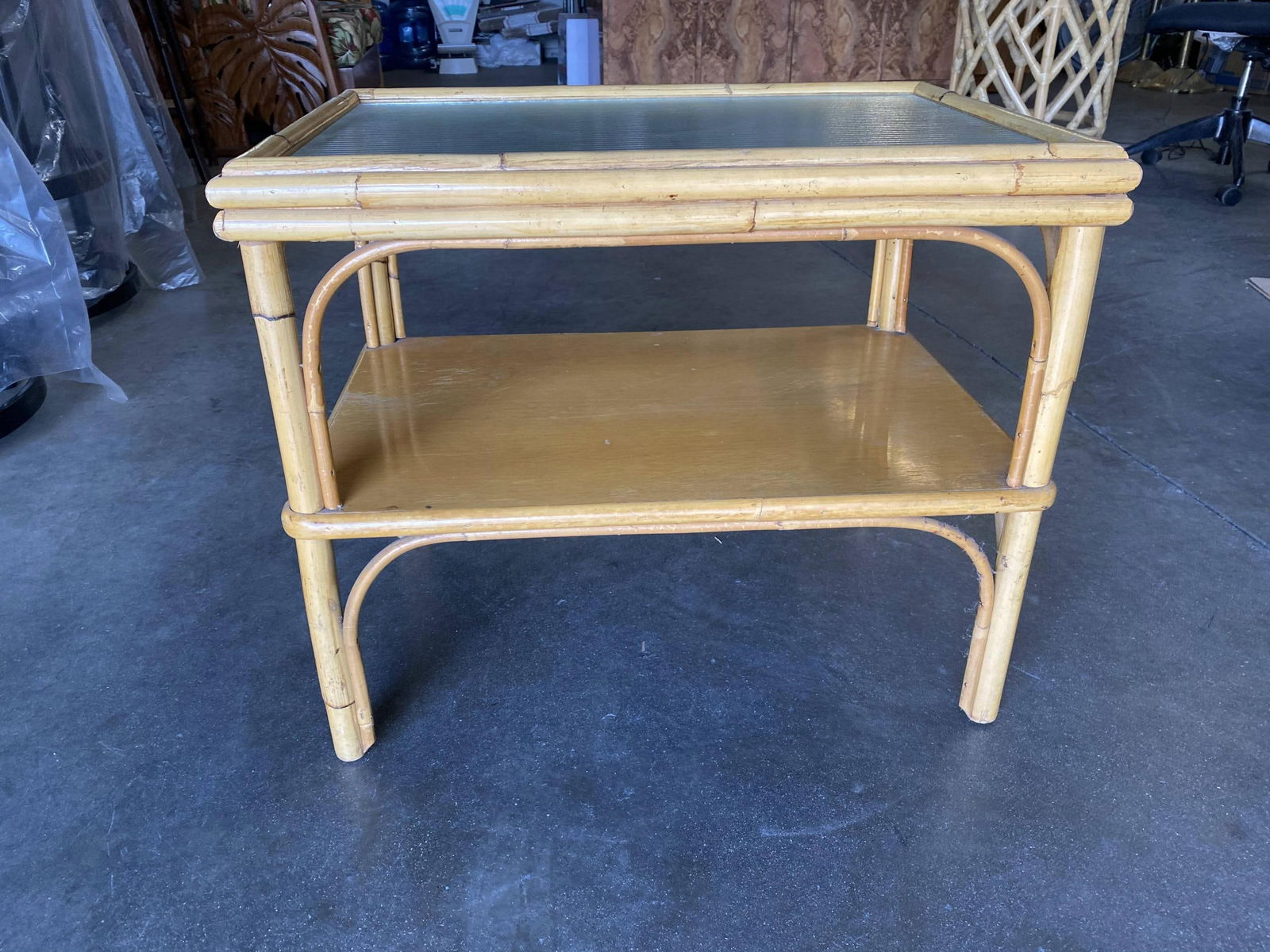 Restored Stick Rattan Two-Tier Coffee Table with Ribbed Glass Top - 5